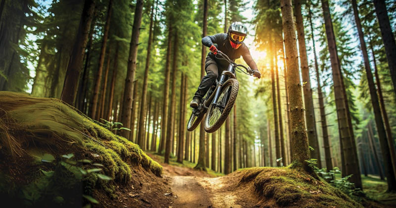 A rider riding a dirt bike in the forest